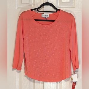 5/$25 Cathy Daniels Petites Shell Pink 3/4 Sleeves Studed Top